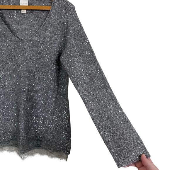 Chico's Women Silver Sequined Sweater Size 0 (US Small/4) Lace Hem Glam Holiday - Picture 5 of 10
